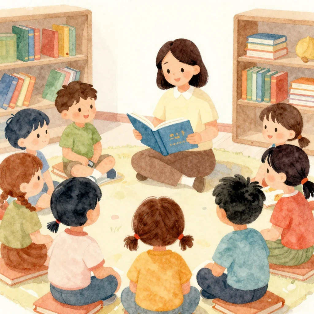 A warm, watercolor painting depicting a teacher reading a st...