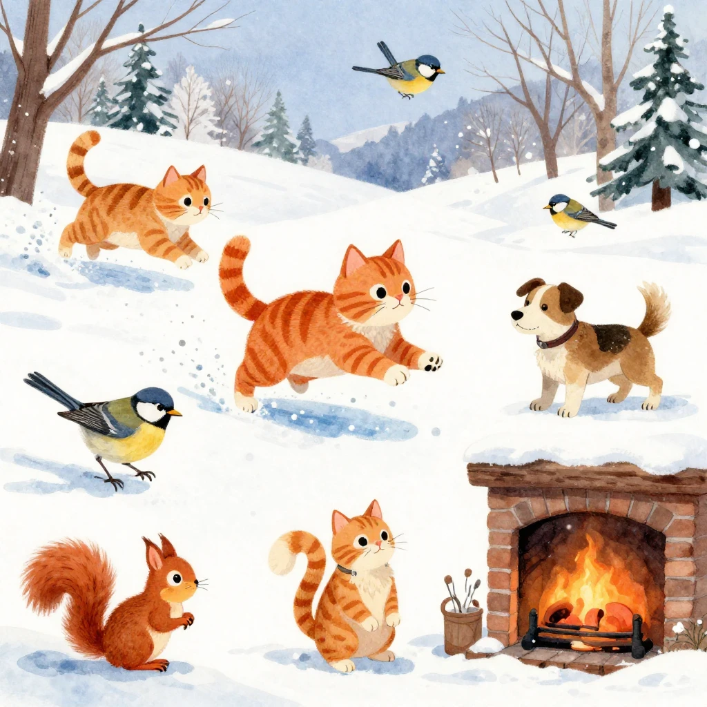 A playful ginger cat in a vibrant watercolor style experienc...