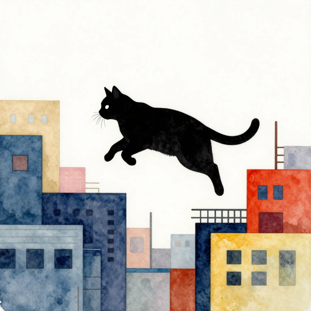 A silhouette of a cat leaping against a bright, abstract geo...