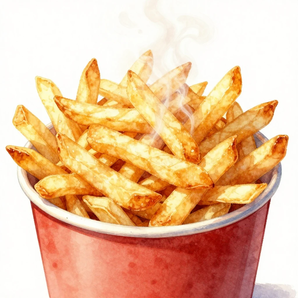 A large, overflowing bucket of golden french fries, with vis...