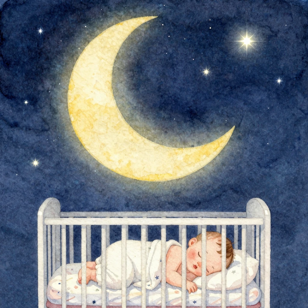 Soft watercolor illustration of a crescent moon over a sleep...