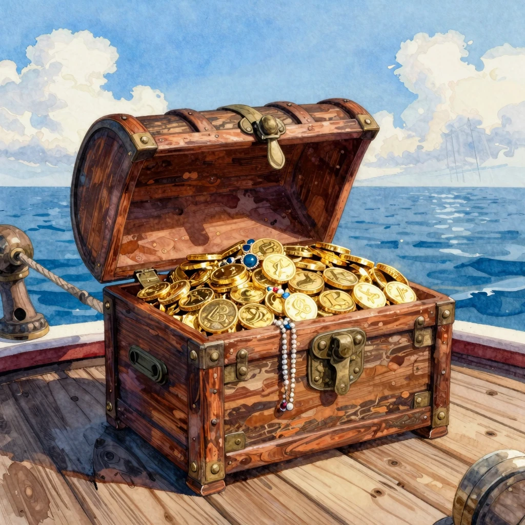 Vibrant watercolor painting of an ornate wooden treasure che...