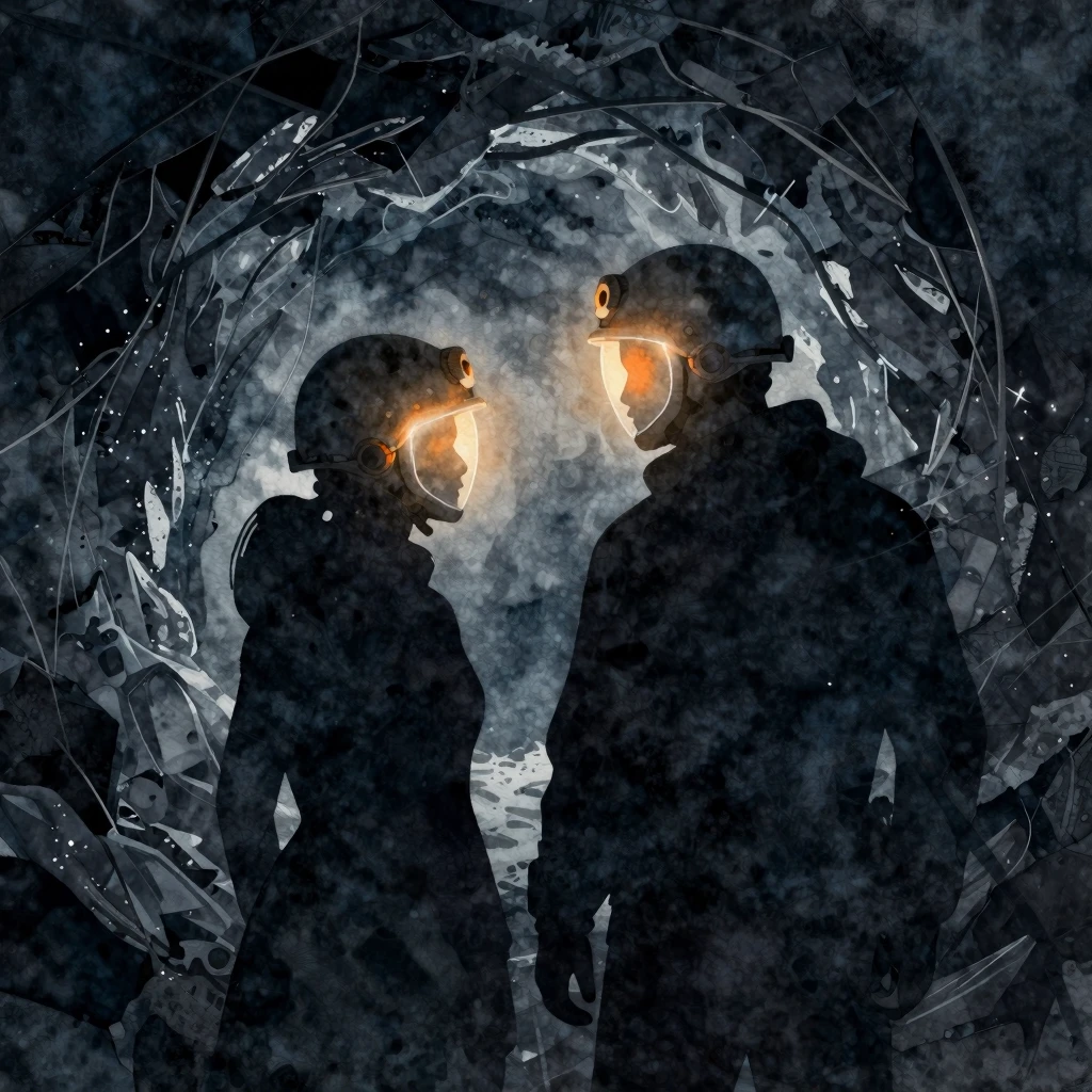 Watercolor style. Silhouettes of a couple wearing glowing mi...