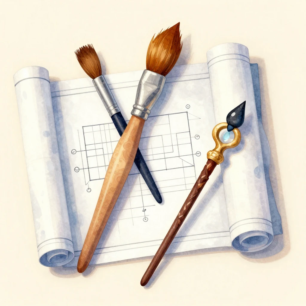 A watercolor illustration featuring a paintbrush, a blueprin...