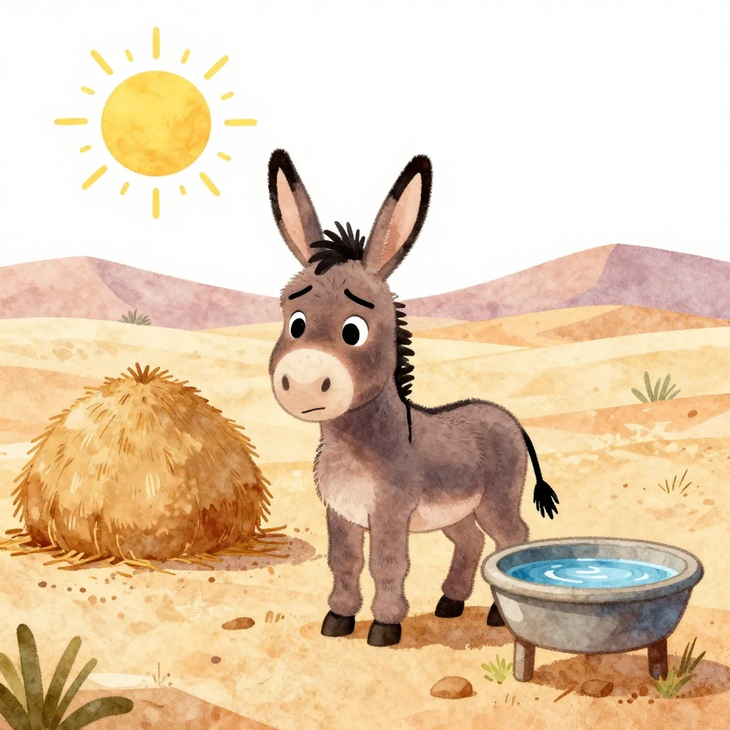 A vibrant watercolor cartoon illustration of a cute donkey i...
