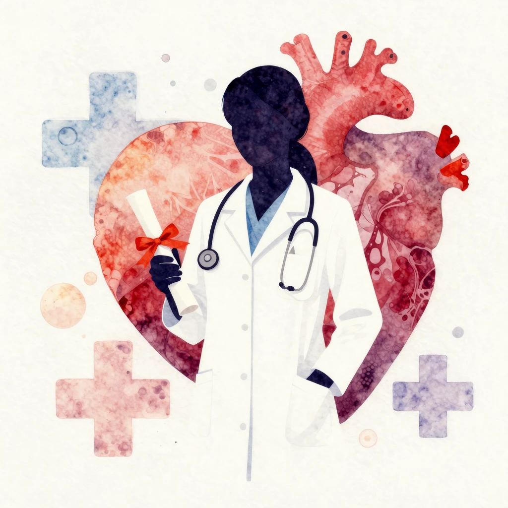 Vibrant watercolor style. A silhouette of a female doctor in...