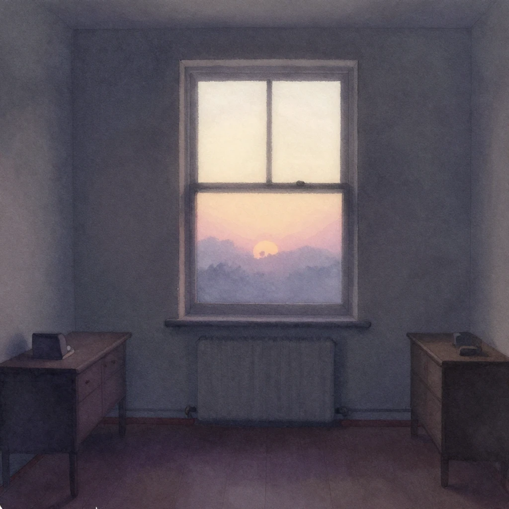 A faint, distant sunrise seen through a window, casting a so...