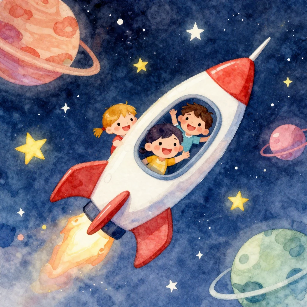 Vibrant watercolor illustration of happy children in a futur...