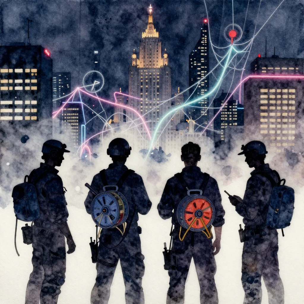 A watercolor painting depicting silhouettes of four technici...