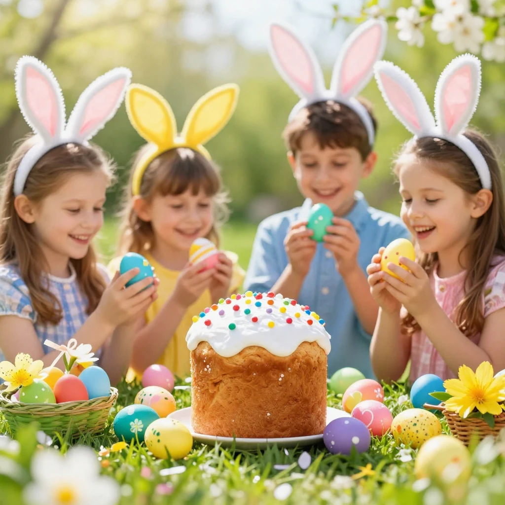 A vibrant scene of children celebrating Easter outdoors, wit...