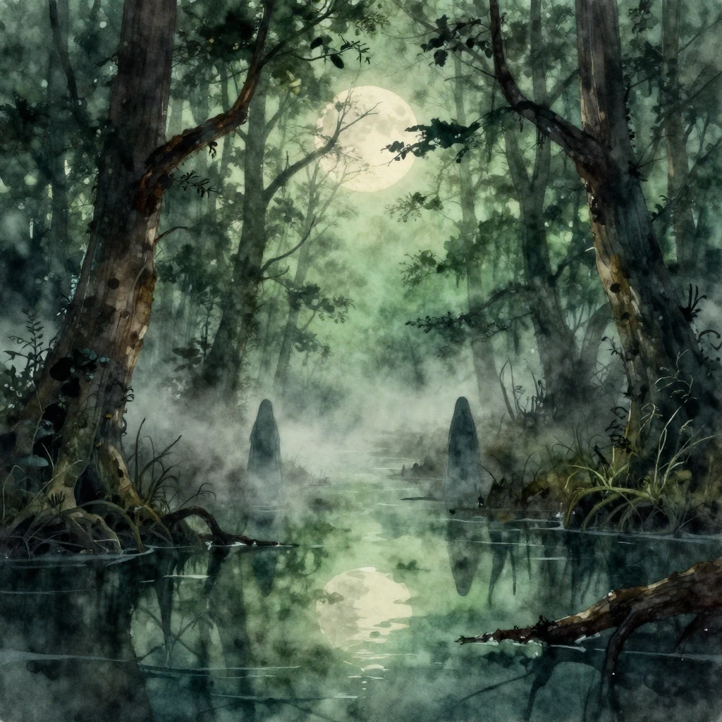 A watercolor painting of an eerie swamp at night. Green fog ...