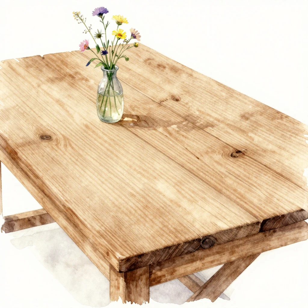 A soft watercolor painting of a rustic wooden table, showing...