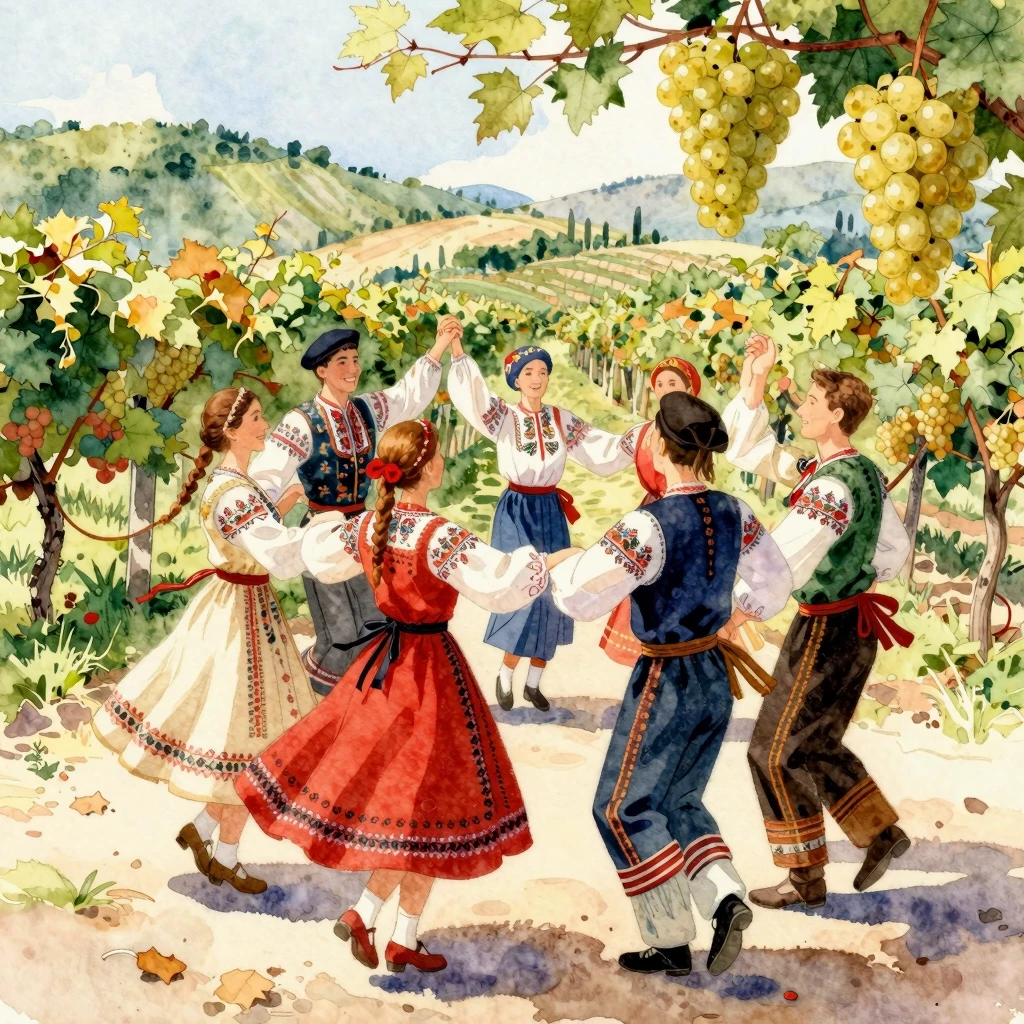 Vibrant watercolor illustration of a traditional Moldovan fo...
