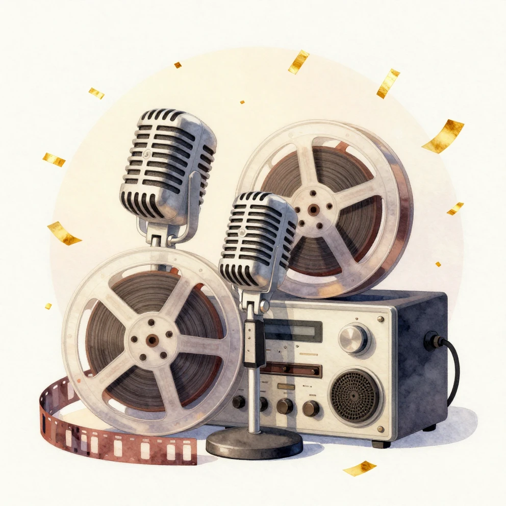 Watercolor style illustration of vintage film rolls with cin...
