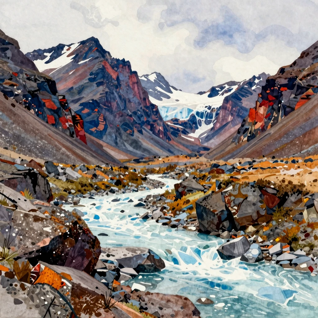 Vibrant watercolor style. Dramatic landscape of rocky mounta...