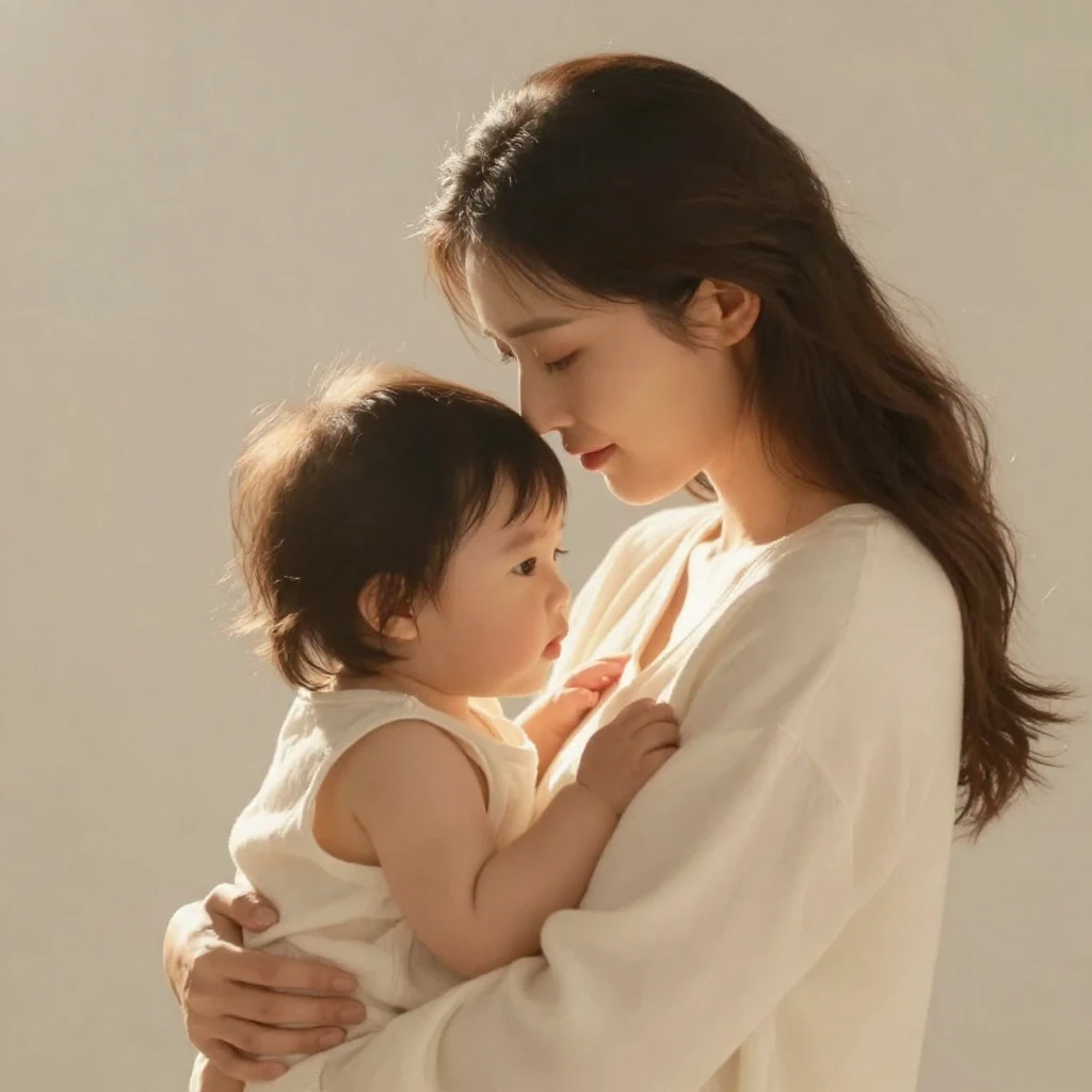 A heartwarming and tender scene of a mother gently holding h...