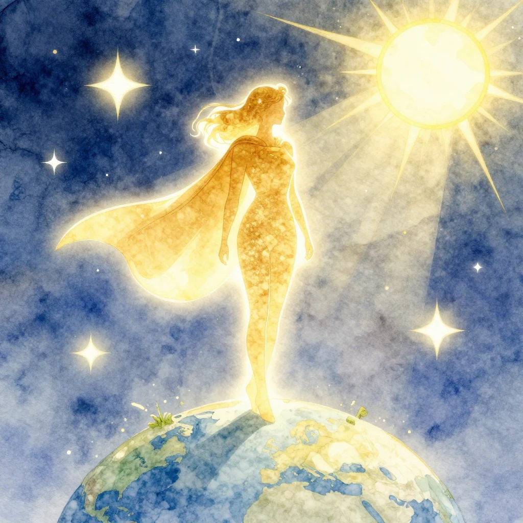Watercolor style illustration of a glowing golden silhouette...