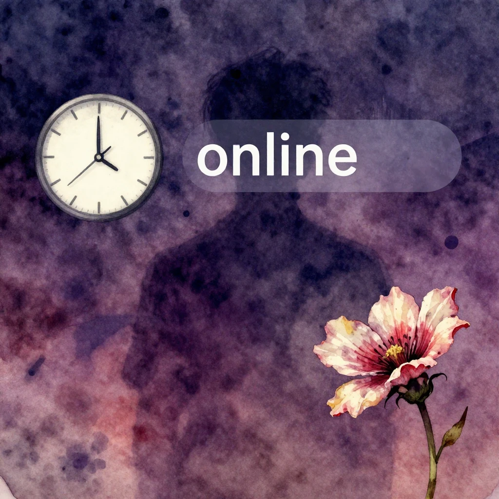 Vibrant watercolor style. A dimly lit, abandoned social medi...