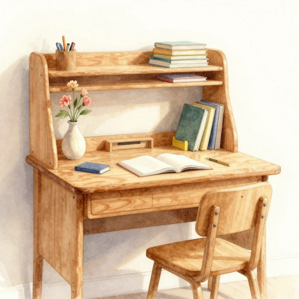 A cozy wooden teacher's desk with a simple vase of flowers, ...