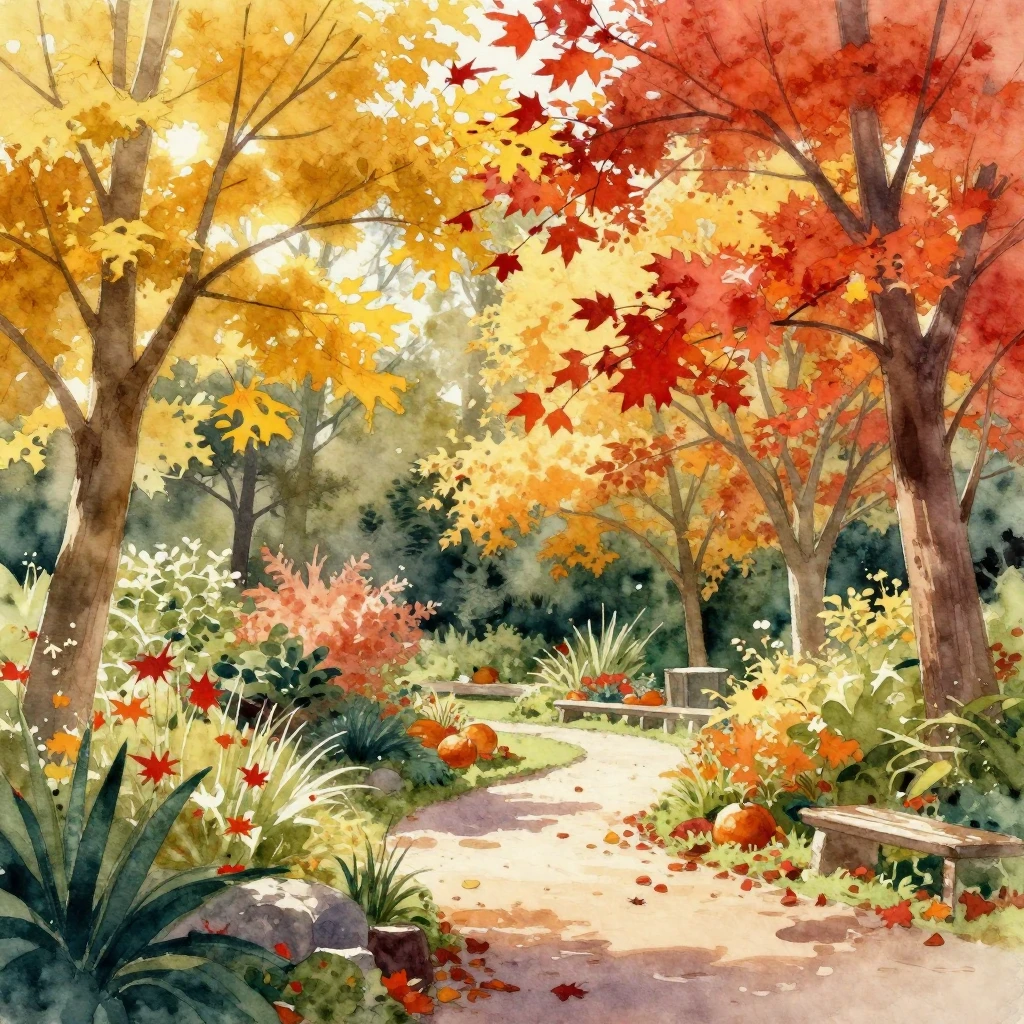 A vibrant autumn garden with trees displaying golden, red, a...