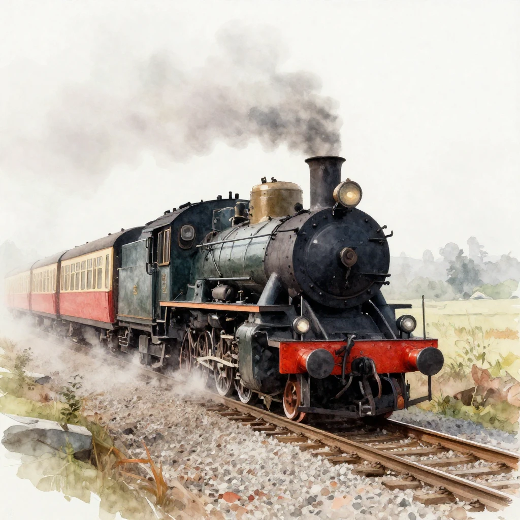 A vintage steam train, partially obscured by mist, on a deso...