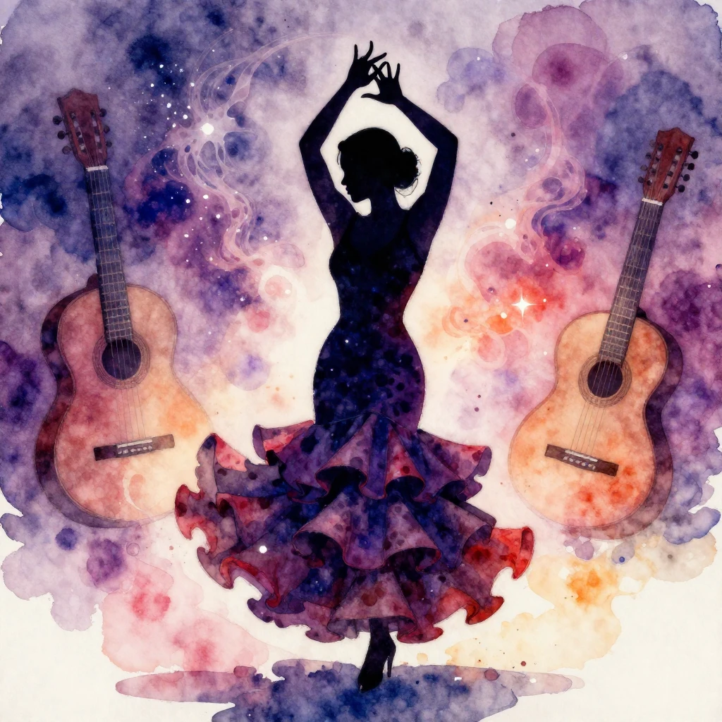 A vibrant watercolor painting depicting a silhouette of a wo...