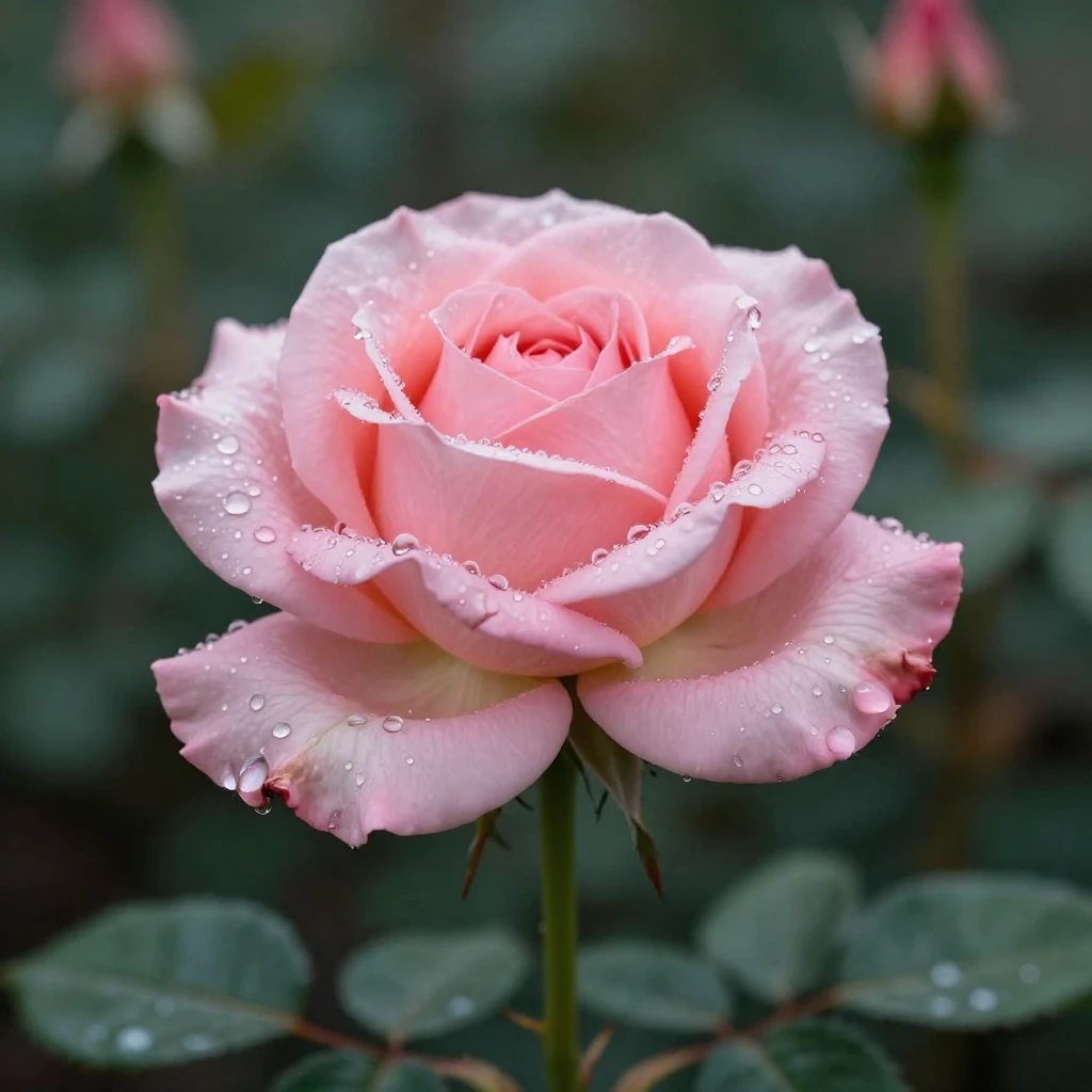A single delicate pink rose, silk-like petals covered in gli...