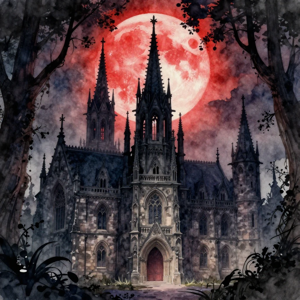 A dark gothic academy with sharp spires and intricate stone ...