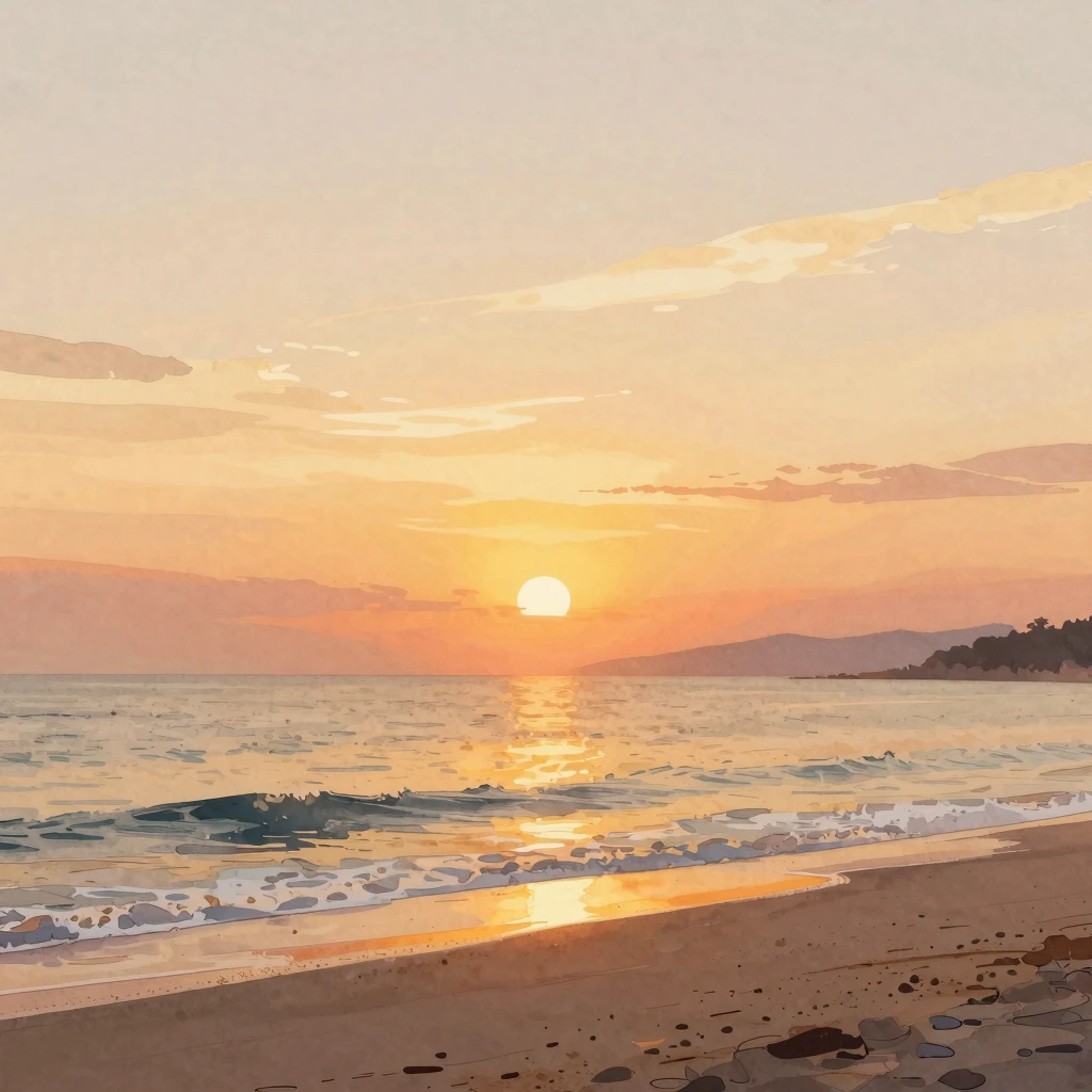 Watercolor style digital illustration of a sunset over the B...