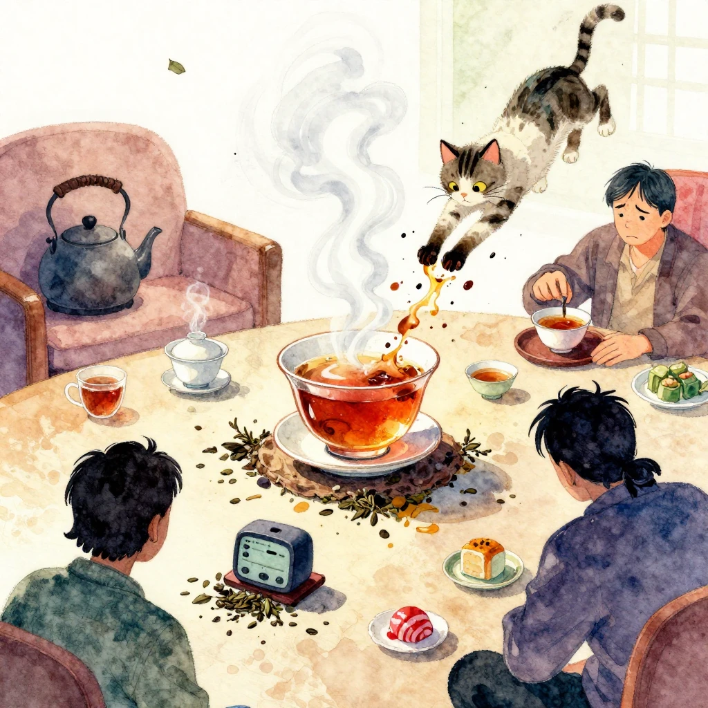 A vibrant watercolor painting of a chaotic tea ceremony. Spi...