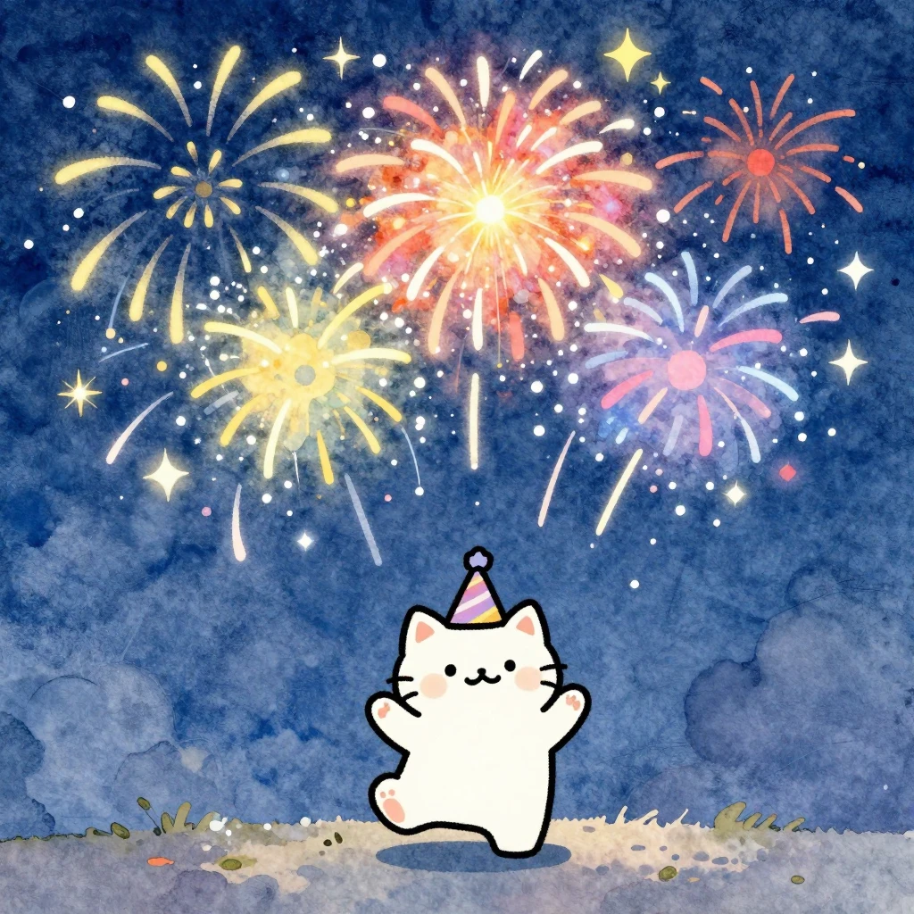 Watercolor painting of colorful fireworks and sparkles in a ...