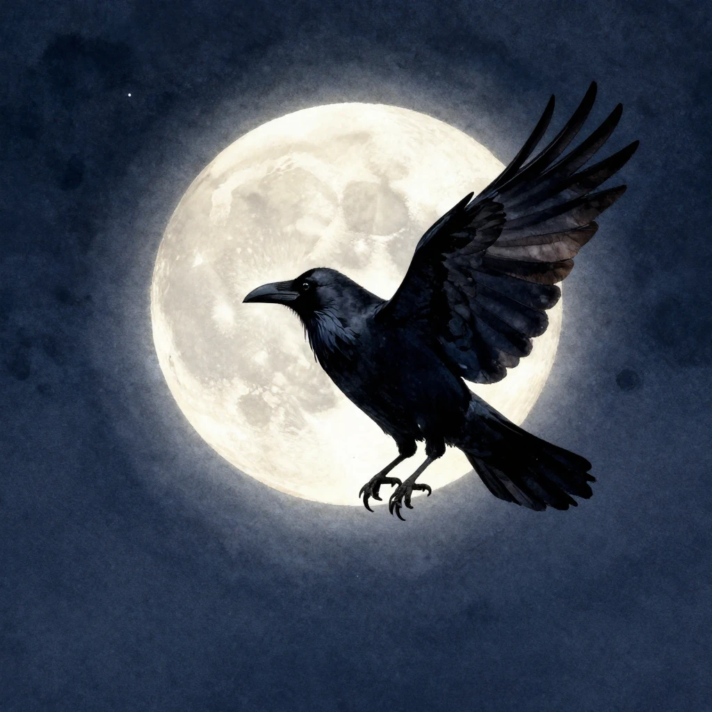 A sleek raven with outstretched wings, circling gracefully a...