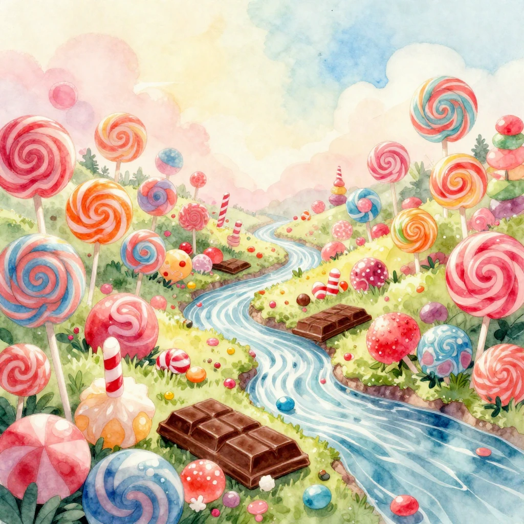 A vibrant landscape made entirely of giant candies, lollipop...