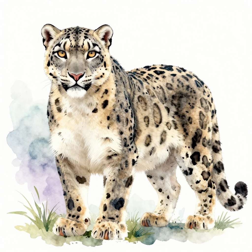 A powerful, majestic snow leopard standing protectively. Vib...
