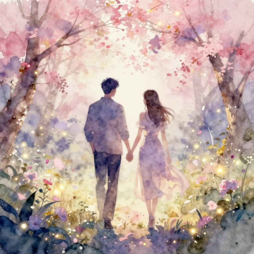 A watercolor painting of two silhouettes of lovers walking h...