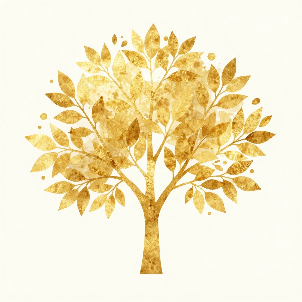 A stylized golden tree with lush leaves in watercolor style,...