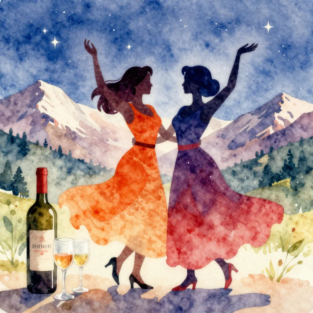Vibrant watercolor style. A stylized silhouette of two women...
