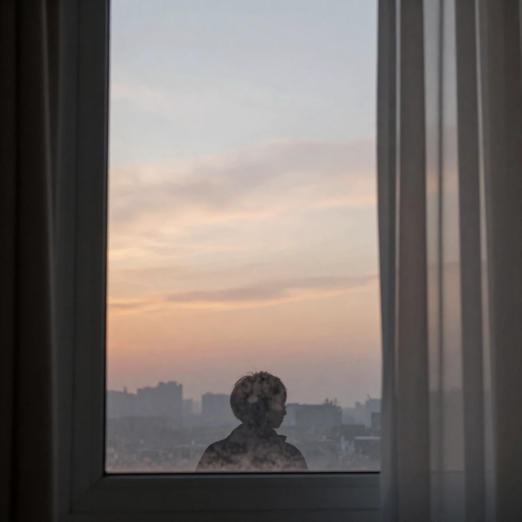 A tranquil dawn scene with soft, diffused light filling a ro...