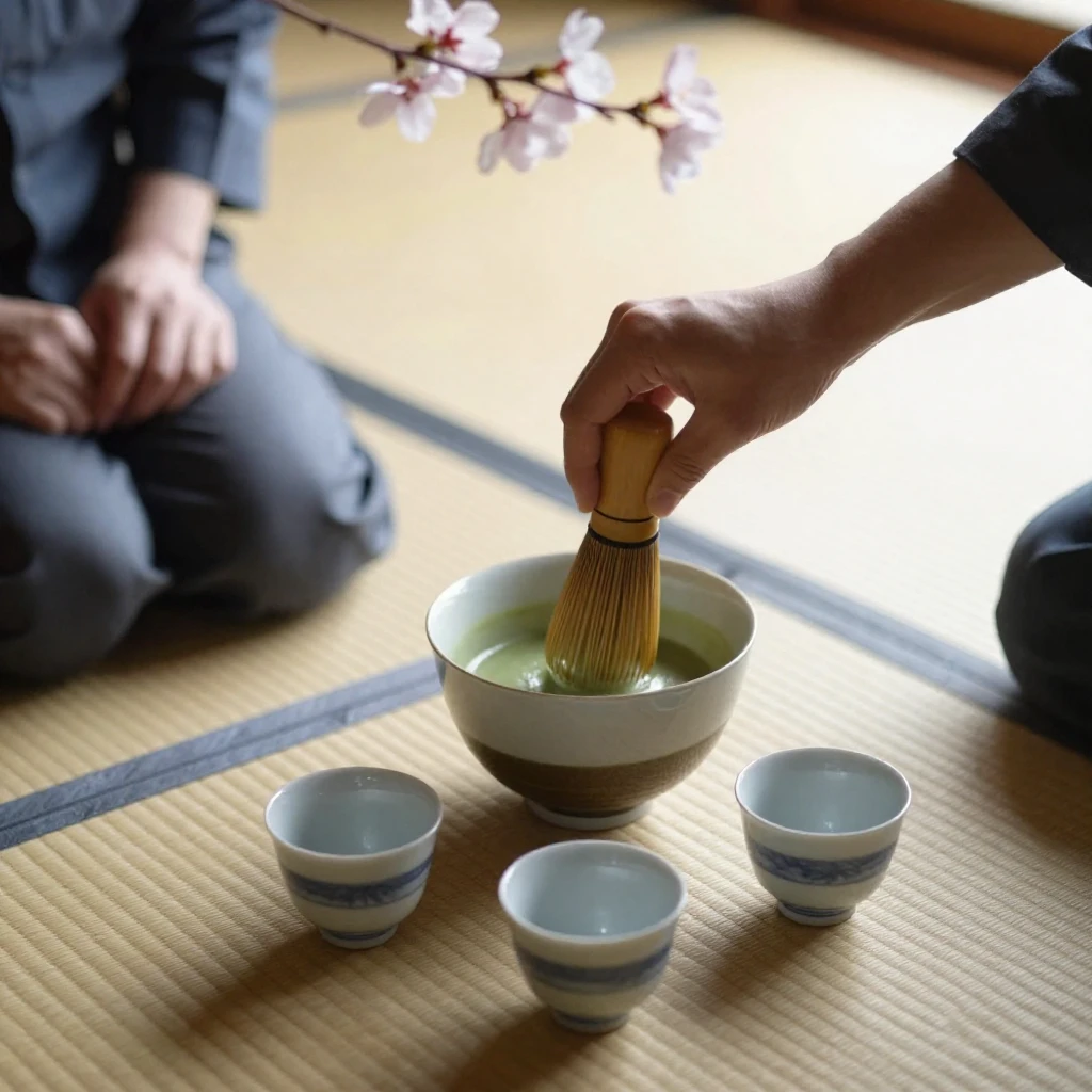 A serene Japanese tea ceremony, matcha being whisked, delica...
