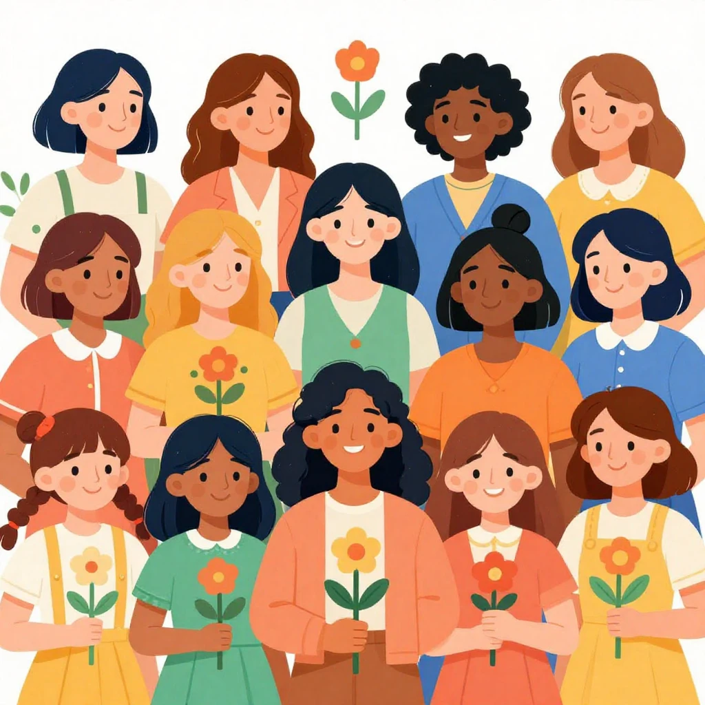 A vibrant illustration of diverse women and young girls cele...