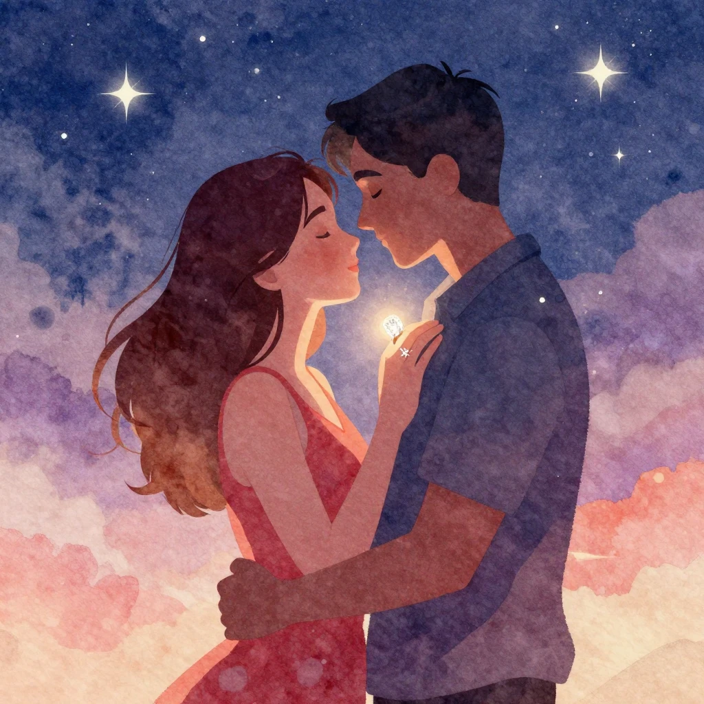 Vibrant watercolor style. A romantic, warm illustration of t...