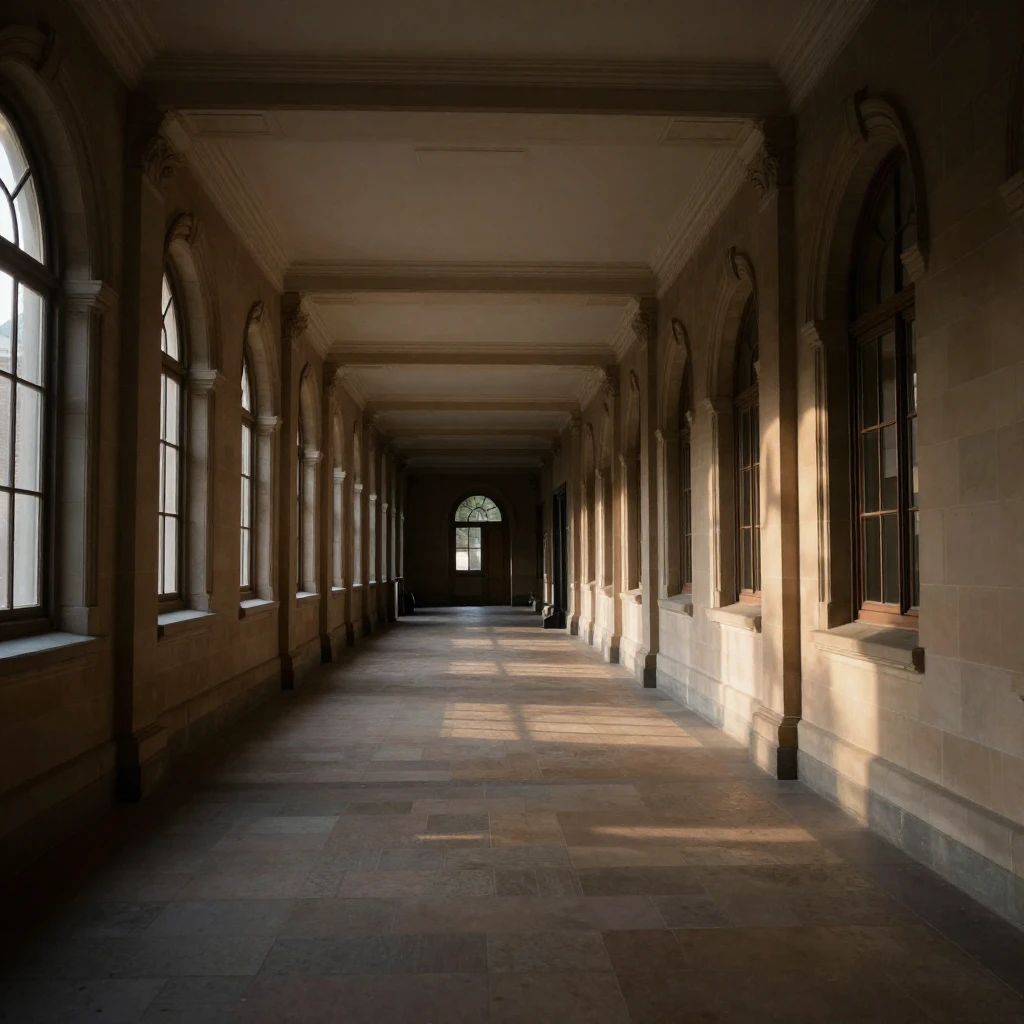 A long, empty university hallway, bathed in soft, late after...