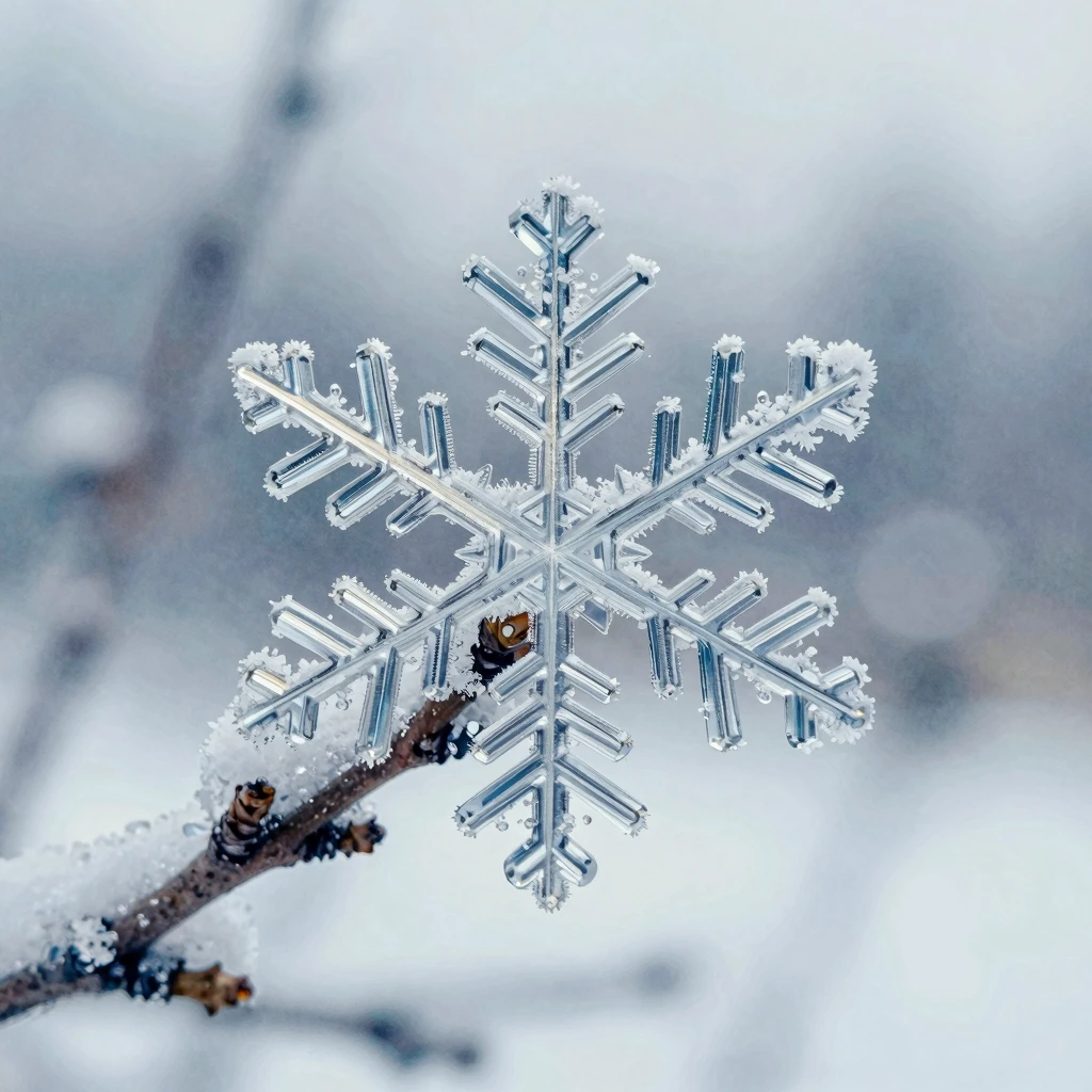 Artistic macro shot of a single snowflake on a frozen branch...