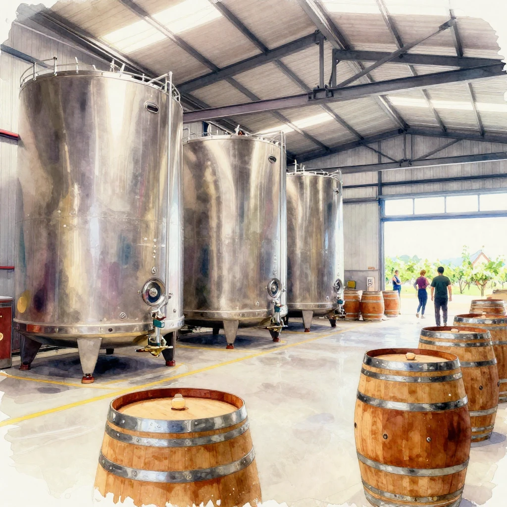 A modern winery interior with large vats and barrels, worker...
