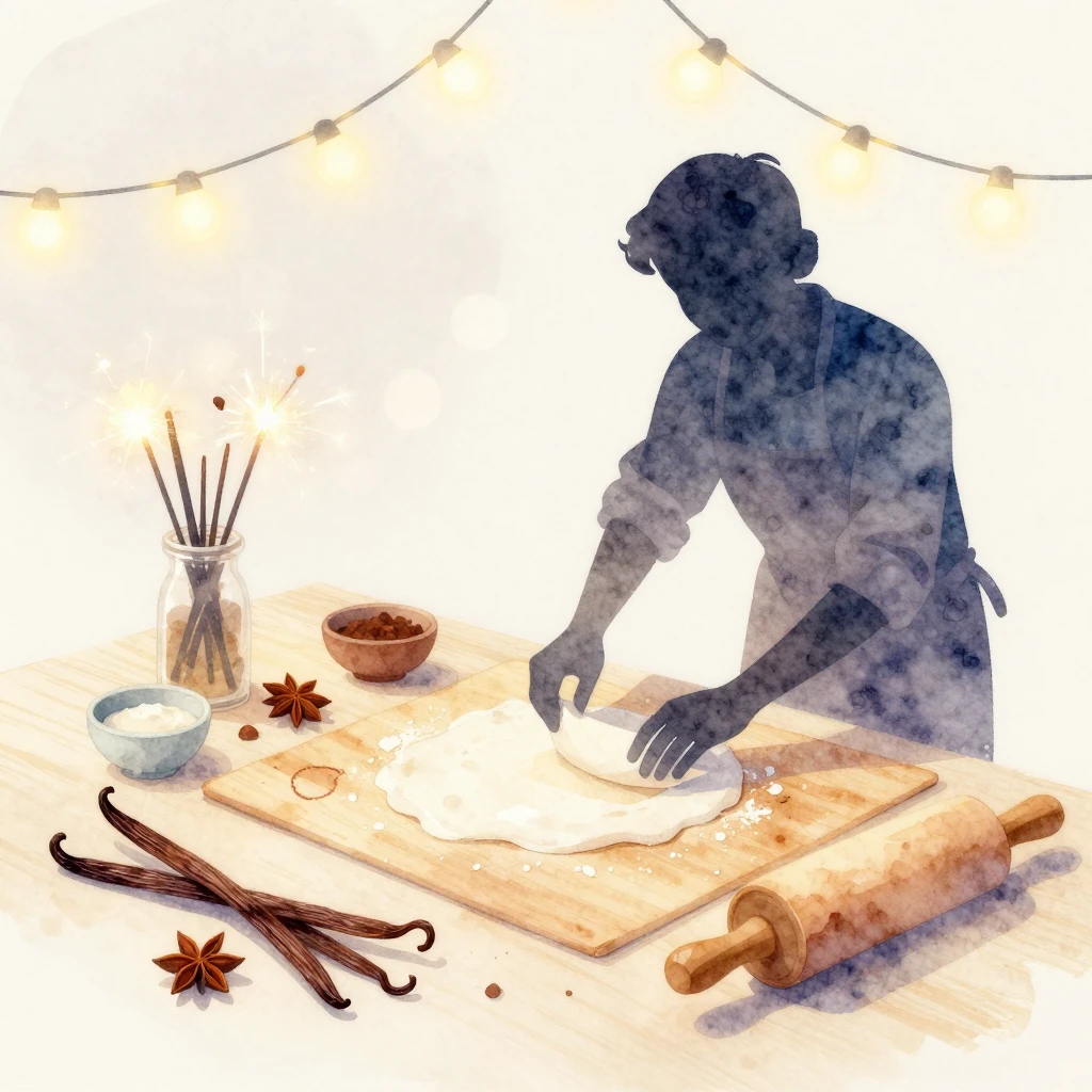 Watercolor style cozy culinary scene with silhouette of a pe...