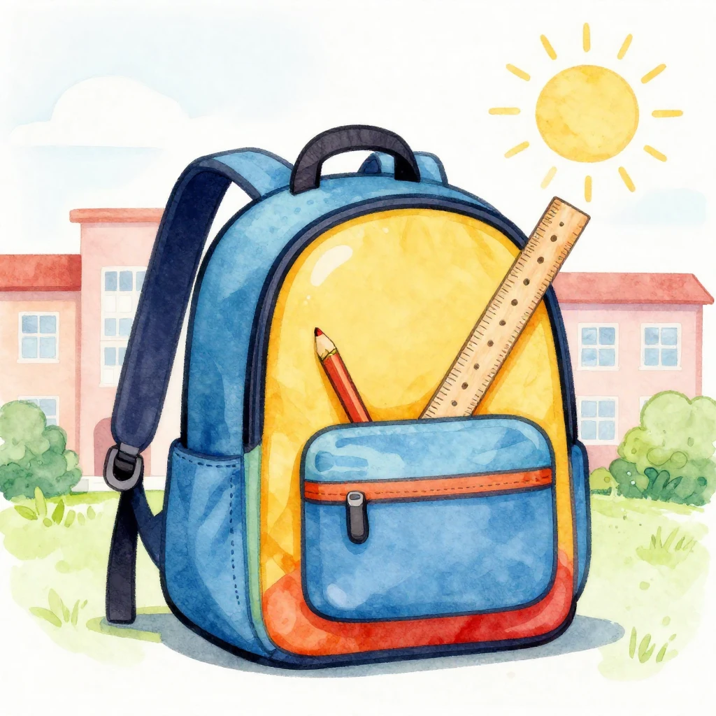 A bright, colorful school backpack with a pencil and a ruler...