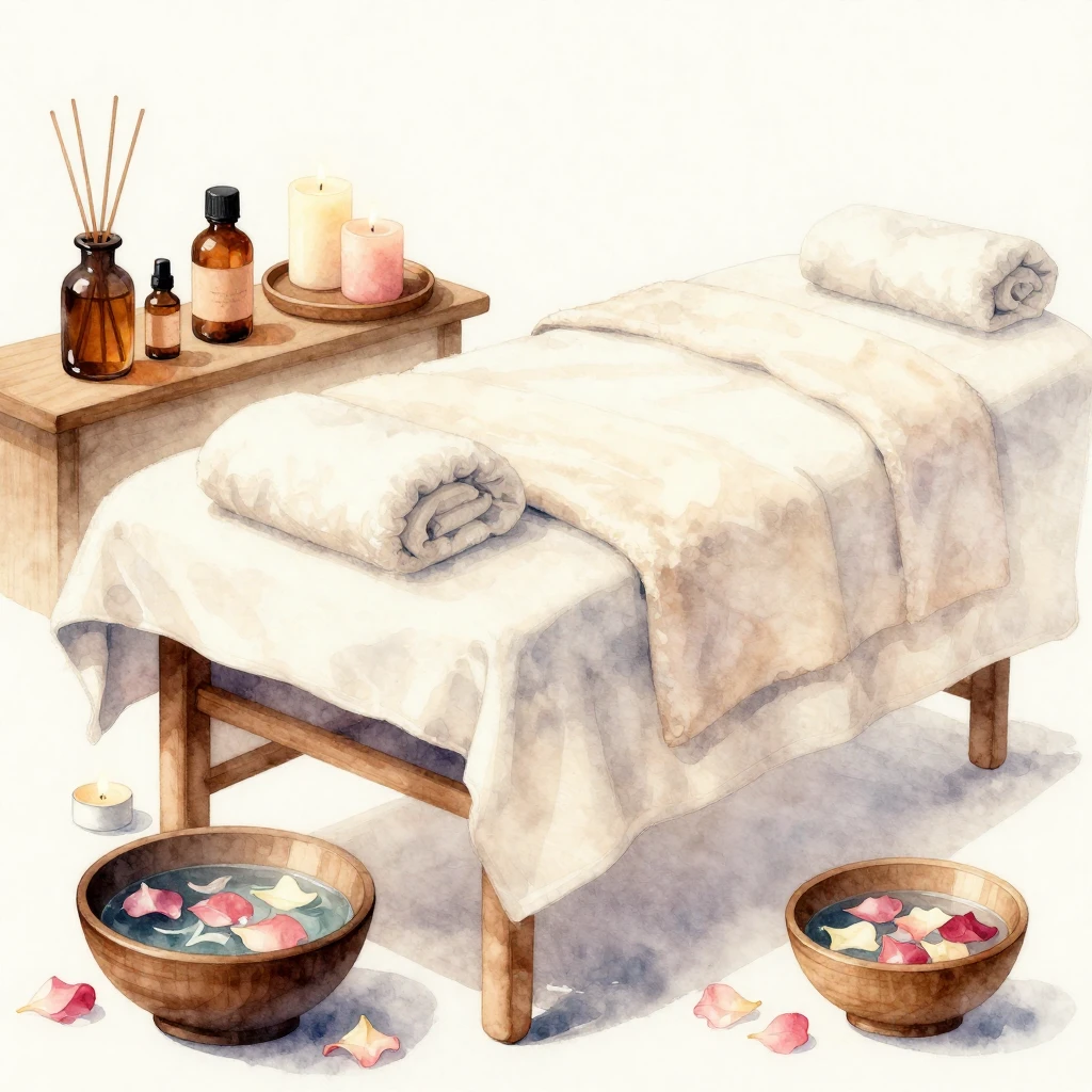 A tranquil watercolor scene depicting a wellness spa environ...