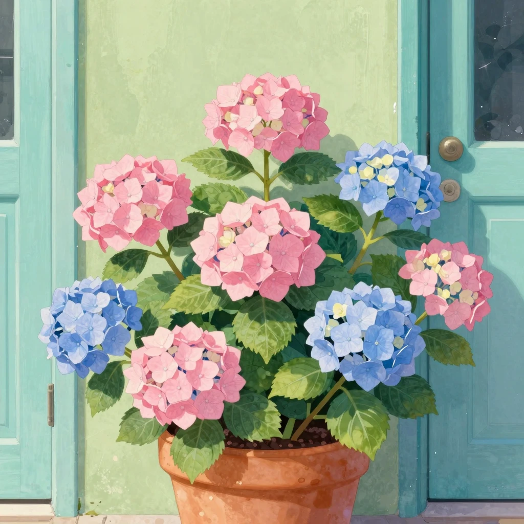 Close-up of pink and blue hydrangeas in clay pots, olive gre...