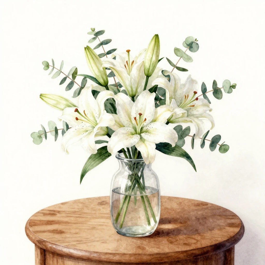 A watercolor illustration of a small, elegant bouquet of whi...