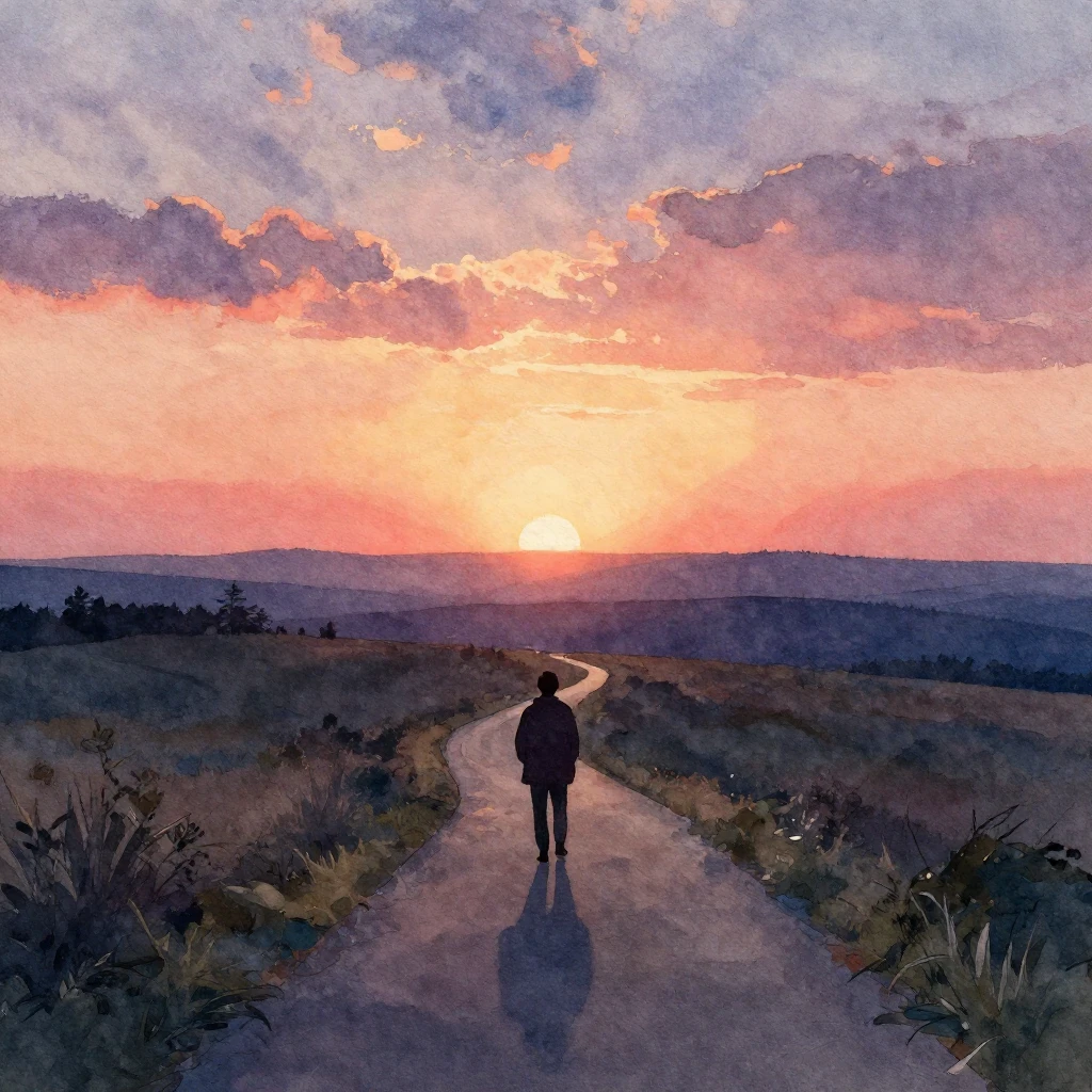 A lone pilgrim silhouette on a winding path at dawn, gazing ...